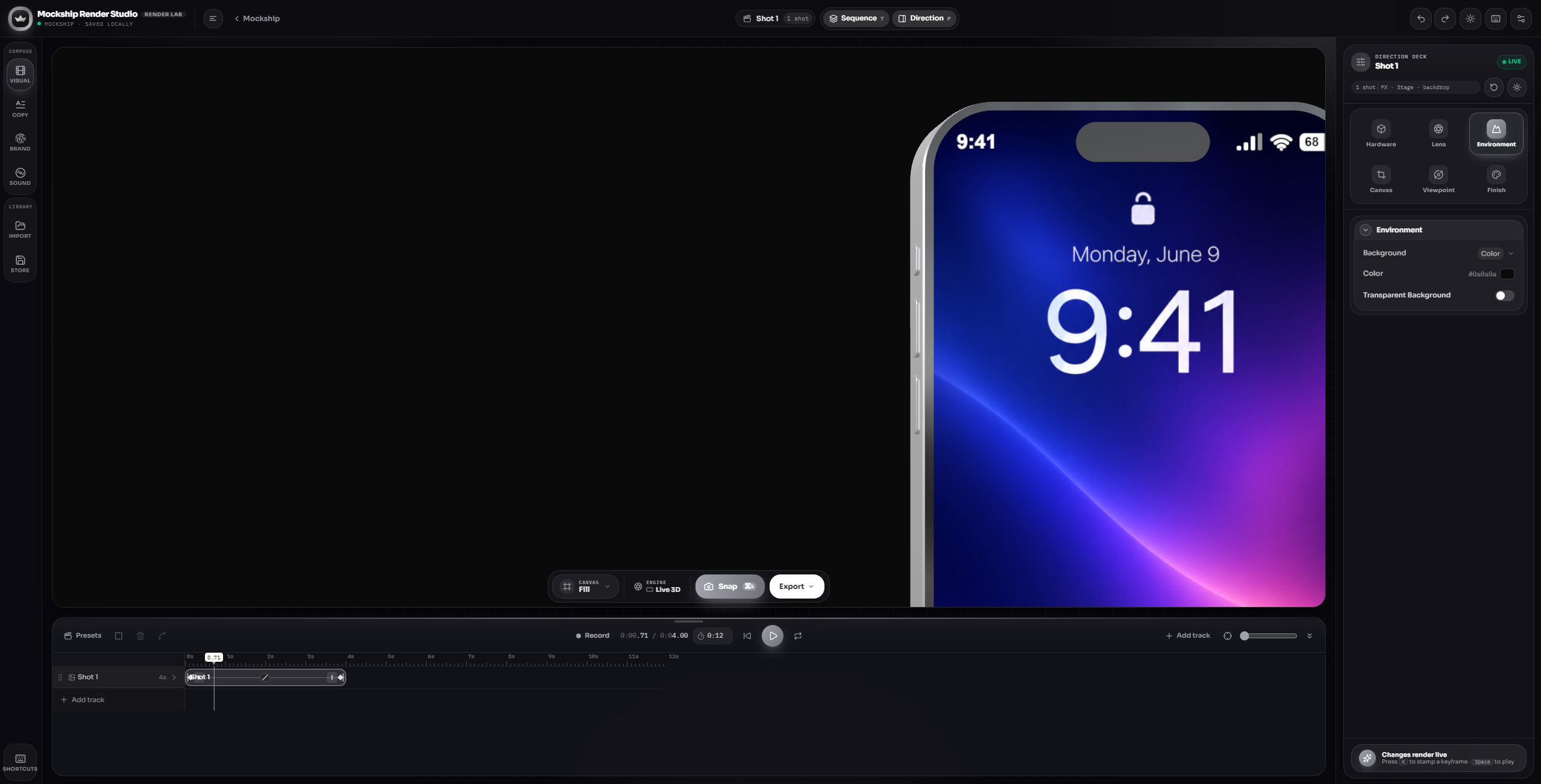 The Mockship Render Studio editor frame with a 3D device canvas, viewpoint controls, and animation timeline.