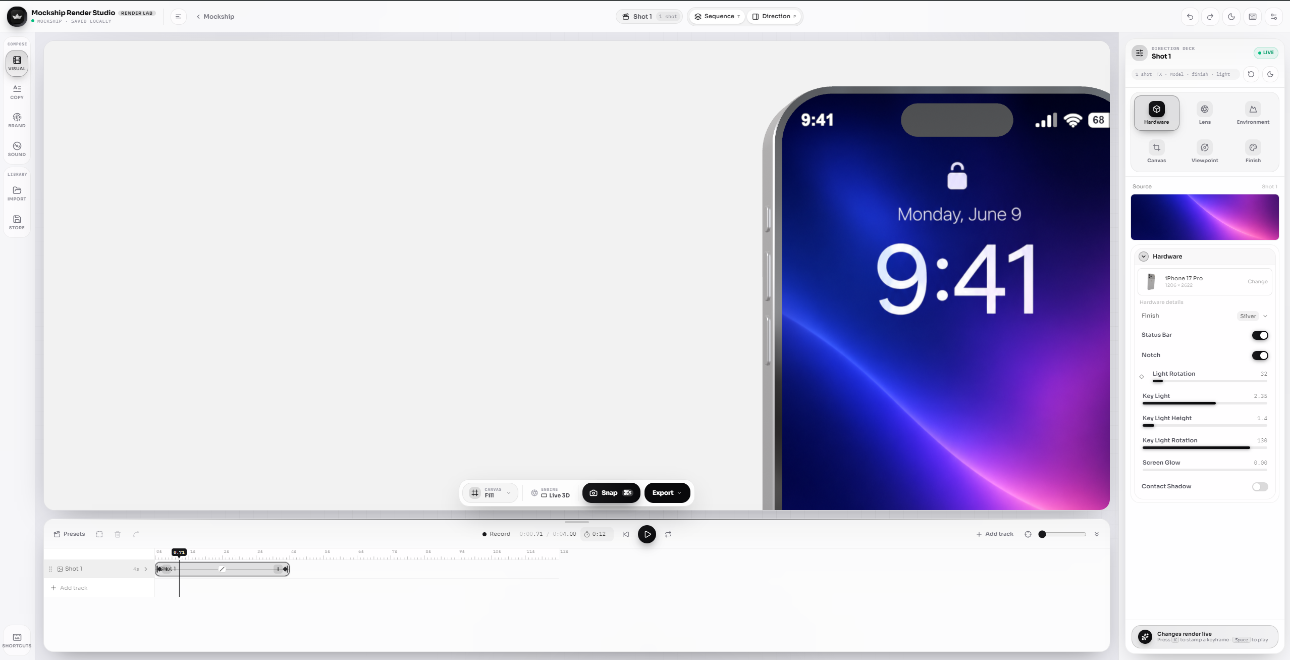The Mockship Render Studio editor frame with a 3D device canvas, viewpoint controls, and animation timeline.